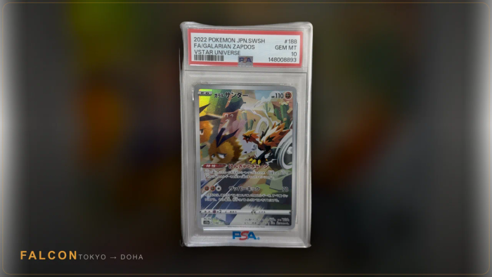 A graded Japanese Pokemon card sealed inside a tamper-evident slab, photographed straight on under even lighting